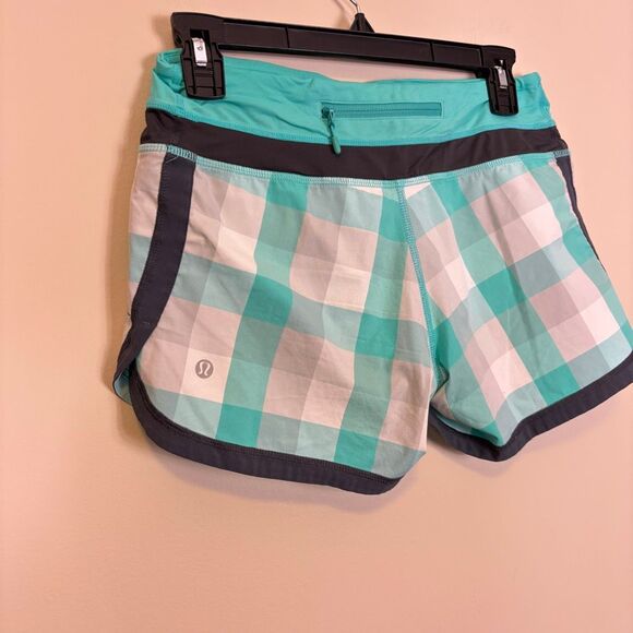 Lululemon Bright Teal Blue & Grey Plaid Athletic Speed Up Shorts 4 - Picture 5 of 7